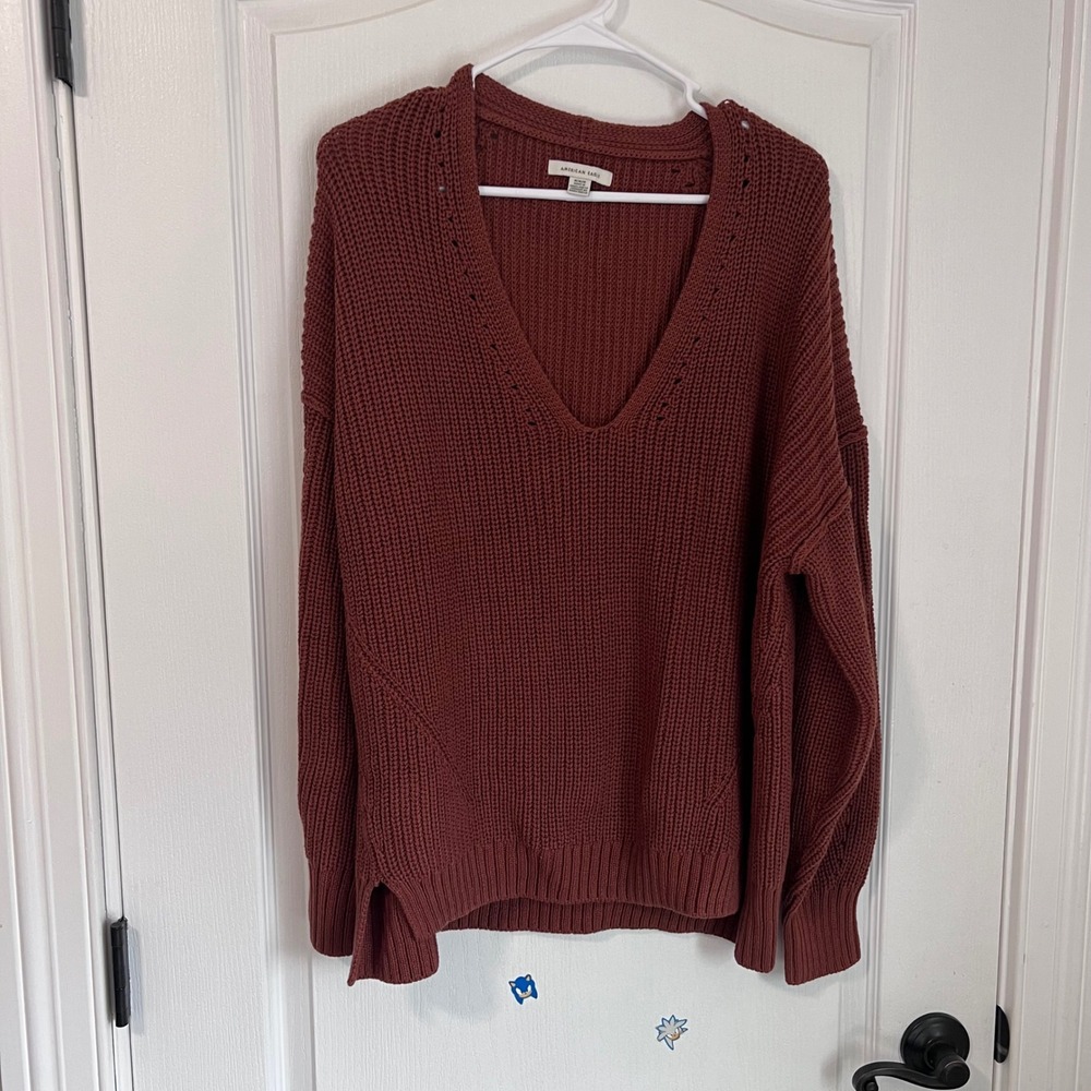 American Eagle Women's Rust Red V-Neck Chunky Shaker Knit Oversized Sweater M